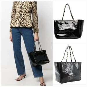 Chanel Triple CC Black Patent Leather Chain Link Perforated Shoulder Bag